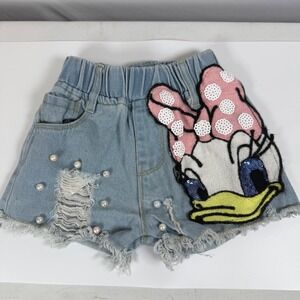 Girls Denim Shorts Daisy Duck Applique Pearls‎ Distressed Frayed Hem Size 7